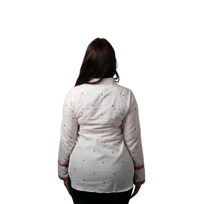 Women’s High Low Ikat Cotton Shirt -Crimson Cloud - White&Red