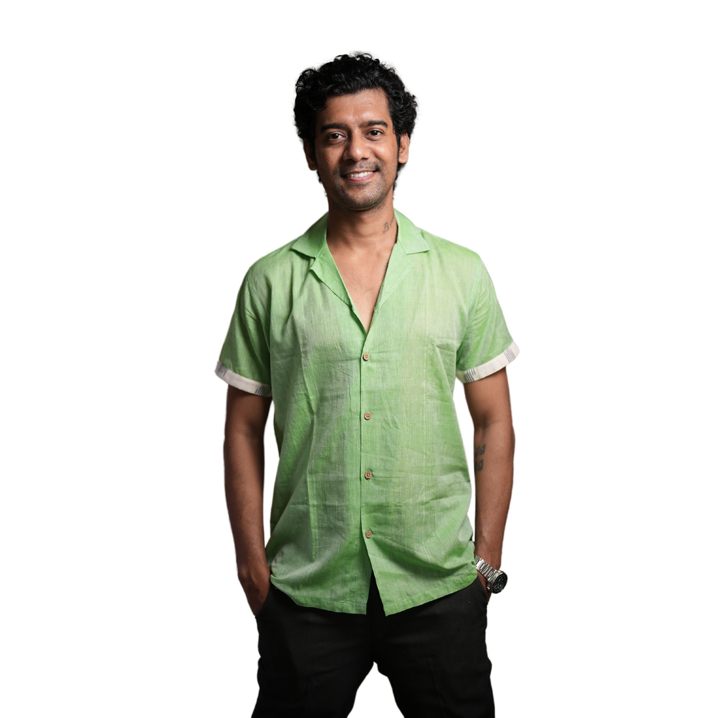 Men’s Half Sleeve Ikat Cotton Shirt -Green - Pastel Green