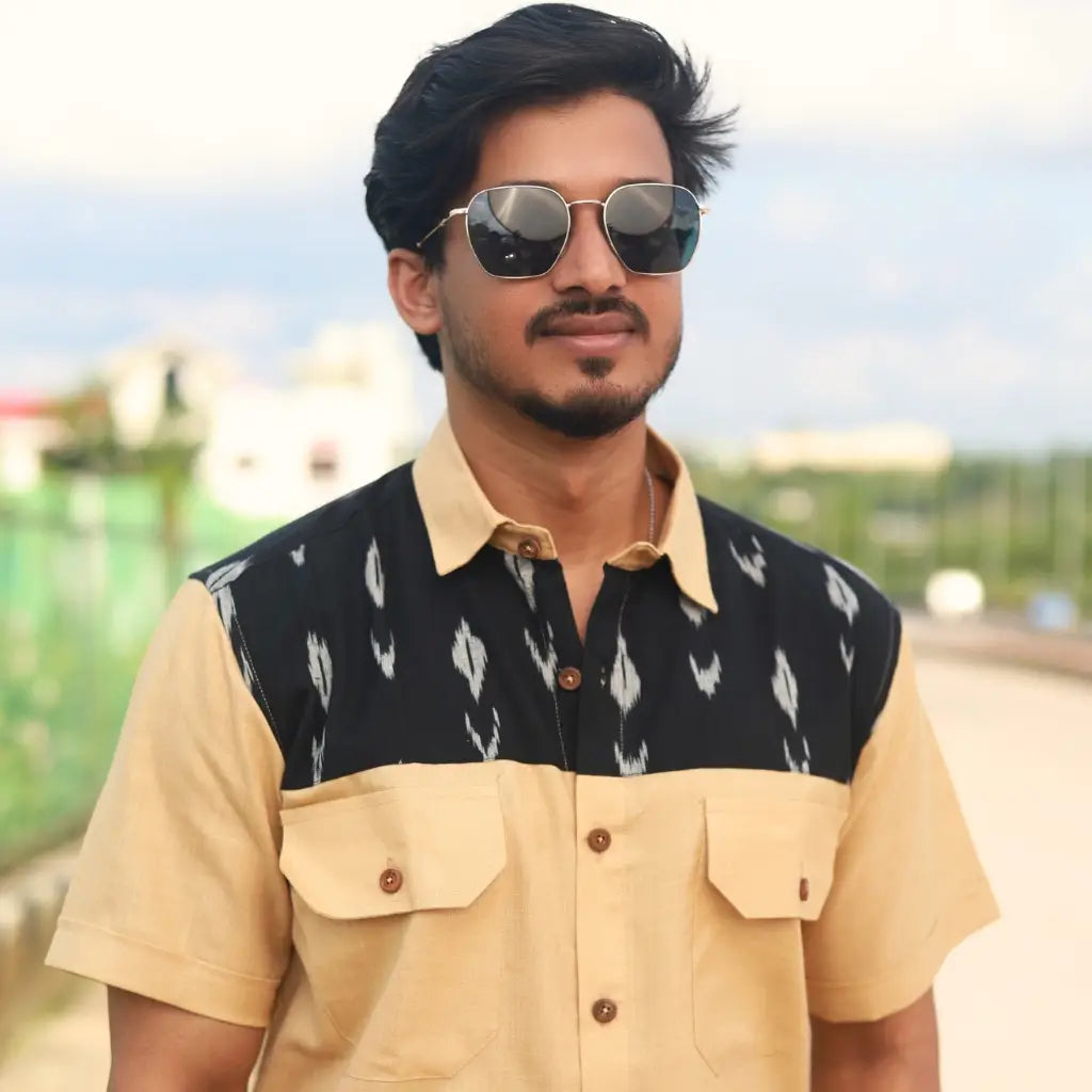 Men’s Half sleeve Ikat Organic Cotton Shirt - Beige & Black