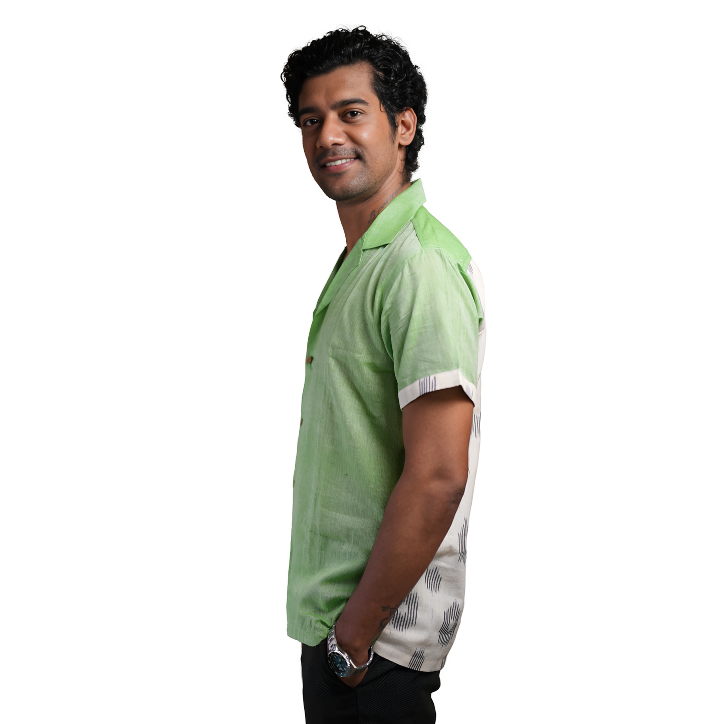 Men’s Half Sleeve Ikat Cotton Shirt -Green - Pastel Green