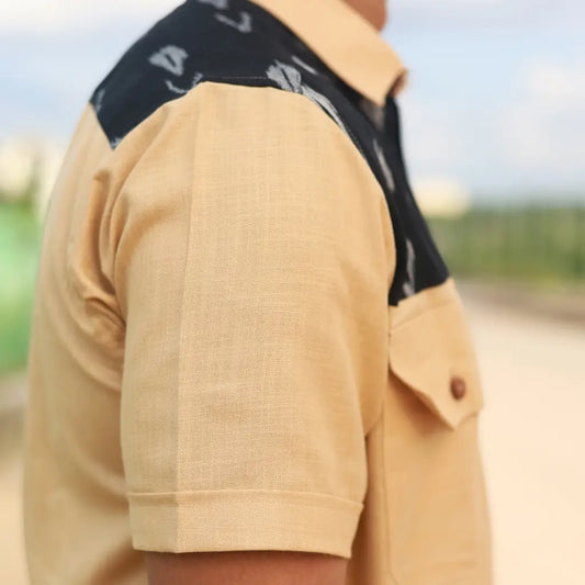 Men’s Half sleeve Ikat Organic Cotton Shirt - Beige & Black
