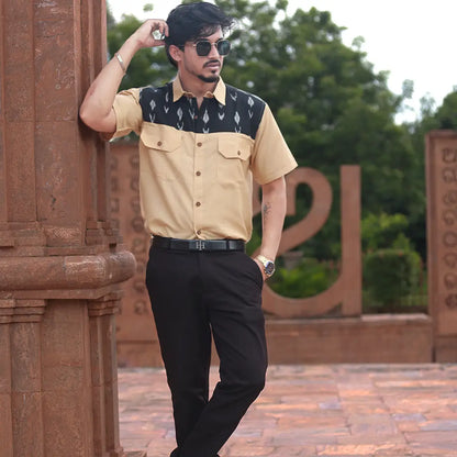 Men’s Half sleeve Ikat Organic Cotton Shirt - Beige & Black