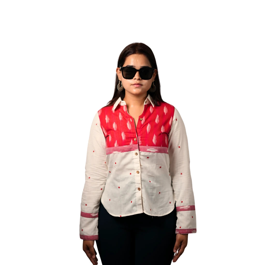 Women’s High Low Ikat Cotton Shirt -Crimson Cloud - White&Red
