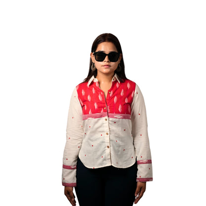 Women’s High Low Ikat Cotton Shirt -Crimson Cloud - White&Red