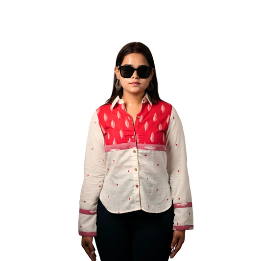 Women’s High Low Ikat Cotton Shirt -Crimson Cloud - White&Red