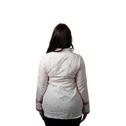 Women’s High Low Ikat Cotton Shirt -Crimson Cloud - White&Red