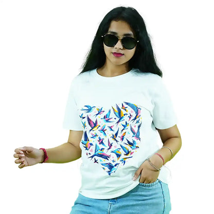 Round Neck Printed Cotton T-Shirt – Love Birds