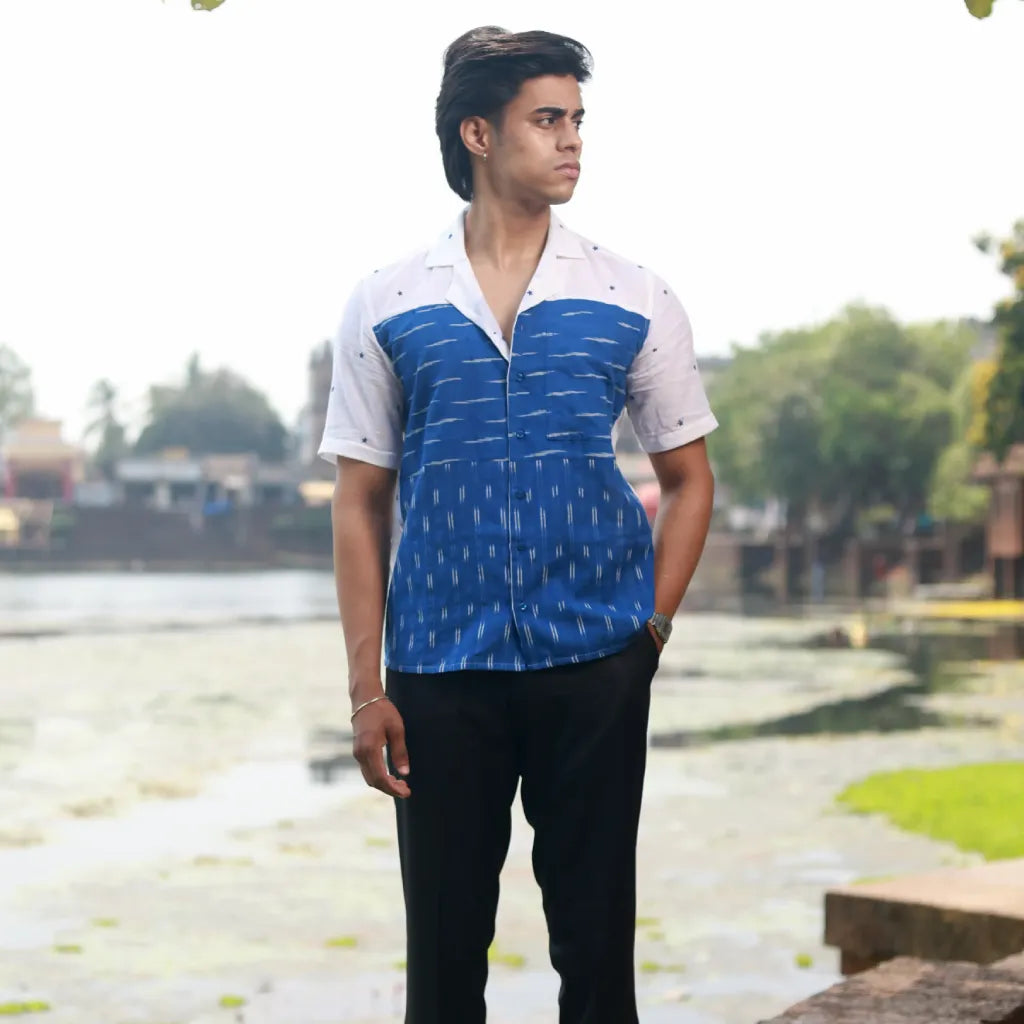 Men’s Half Sleeve Ikat Cotton Shirt – Ocean Whispers