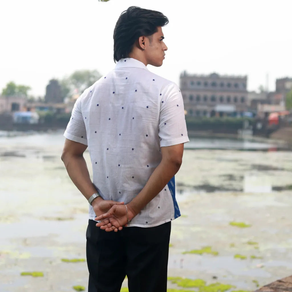 Men’s Half Sleeve Ikat Cotton Shirt – Ocean Whispers
